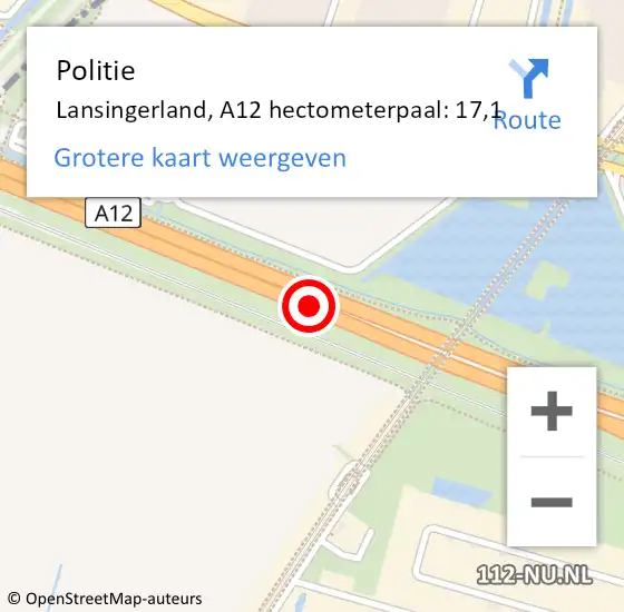 Locatie op kaart van de 112 melding: Politie Lansingerland, A12 hectometerpaal: 17,1 op 31 augustus 2023 15:16