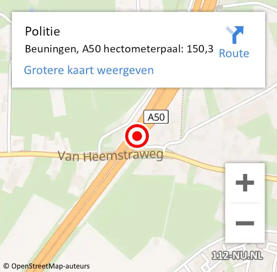 Locatie op kaart van de 112 melding: Politie Beuningen, A50 hectometerpaal: 150,3 op 31 augustus 2023 15:18