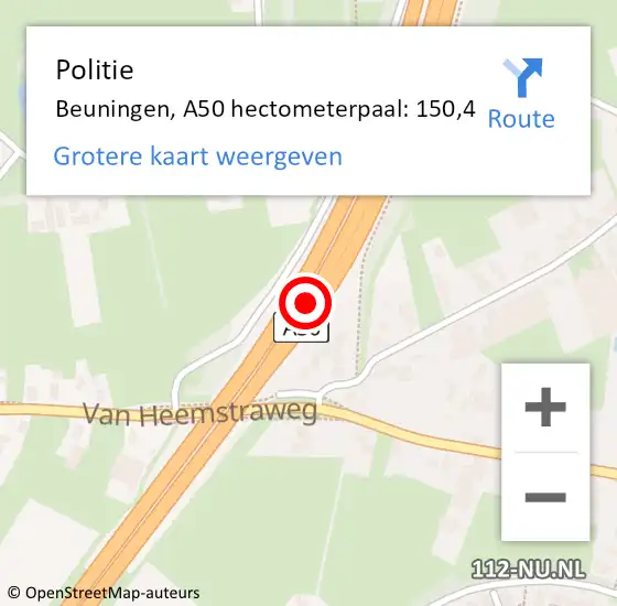 Locatie op kaart van de 112 melding: Politie Beuningen, A50 hectometerpaal: 150,4 op 31 augustus 2023 15:18