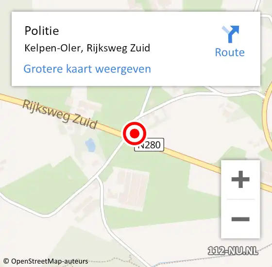 Locatie op kaart van de 112 melding: Politie Kelpen-Oler, Rijksweg Zuid op 31 augustus 2023 15:23