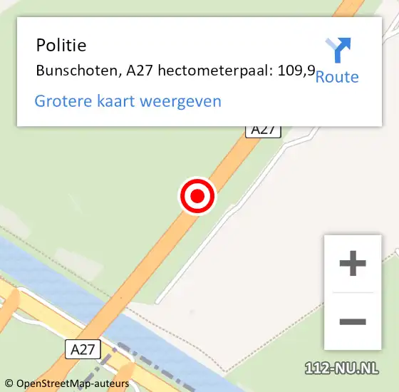 Locatie op kaart van de 112 melding: Politie Bunschoten, A27 hectometerpaal: 109,9 op 31 augustus 2023 15:41