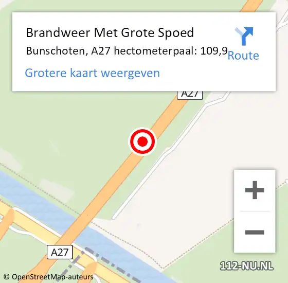 Locatie op kaart van de 112 melding: Brandweer Met Grote Spoed Naar Bunschoten, A27 hectometerpaal: 109,9 op 31 augustus 2023 15:42