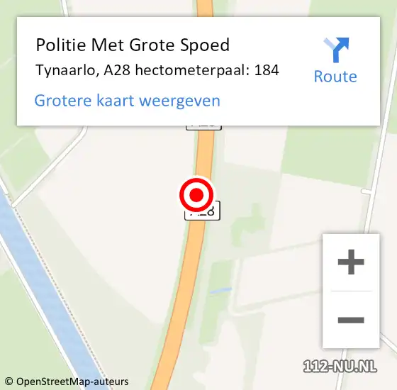 Locatie op kaart van de 112 melding: Politie Met Grote Spoed Naar Tynaarlo, A28 hectometerpaal: 184 op 31 augustus 2023 15:48