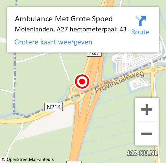 Locatie op kaart van de 112 melding: Ambulance Met Grote Spoed Naar Molenlanden, A27 hectometerpaal: 43 op 31 augustus 2023 15:54