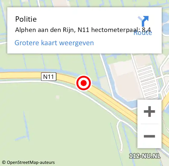 Locatie op kaart van de 112 melding: Politie Alphen aan den Rijn, N11 hectometerpaal: 8,4 op 31 augustus 2023 15:57