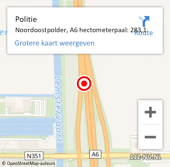 Locatie op kaart van de 112 melding: Politie Noordoostpolder, A6 hectometerpaal: 283,1 op 31 augustus 2023 17:58