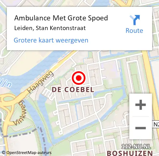 Locatie op kaart van de 112 melding: Ambulance Met Grote Spoed Naar Leiden, Stan Kentonstraat op 31 augustus 2023 21:07