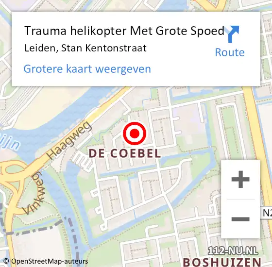 Locatie op kaart van de 112 melding: Trauma helikopter Met Grote Spoed Naar Leiden, Stan Kentonstraat op 31 augustus 2023 21:10