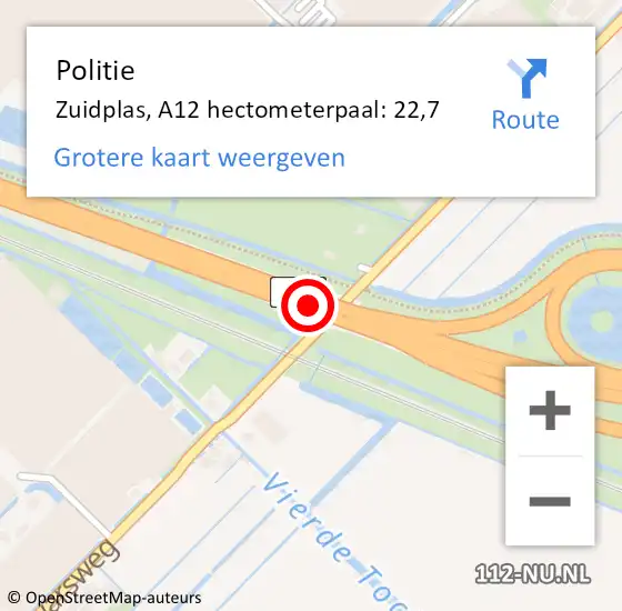 Locatie op kaart van de 112 melding: Politie Zuidplas, A12 hectometerpaal: 22,7 op 31 augustus 2023 22:54