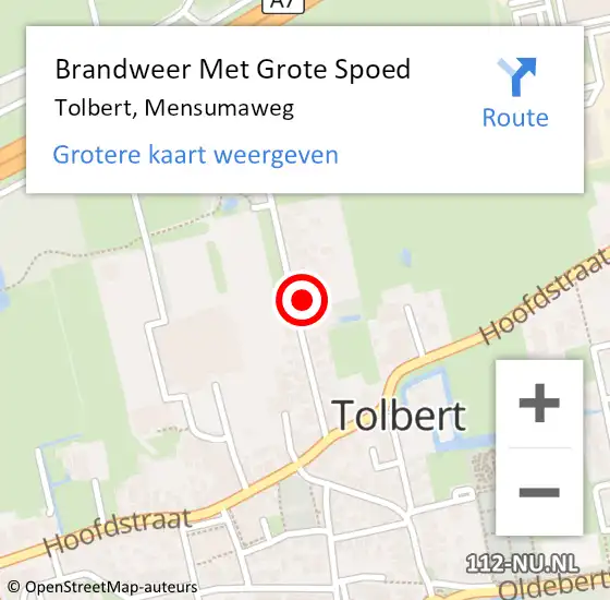 Locatie op kaart van de 112 melding: Brandweer Met Grote Spoed Naar Tolbert, Mensumaweg op 1 september 2023 01:22