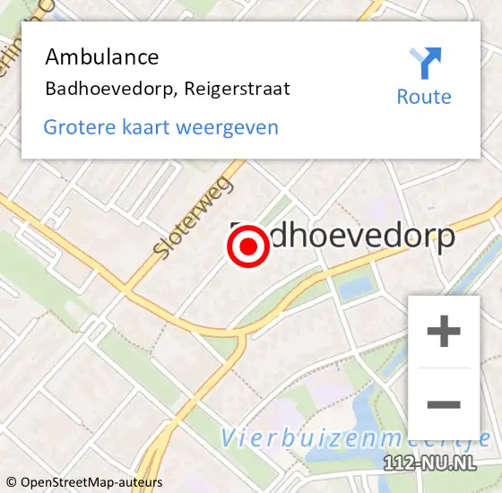 Locatie op kaart van de 112 melding: Ambulance Badhoevedorp, Reigerstraat op 1 september 2023 03:47