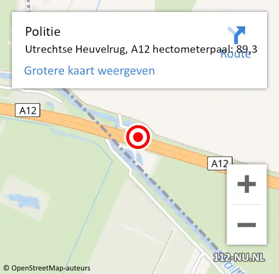 Locatie op kaart van de 112 melding: Politie Utrechtse Heuvelrug, A12 hectometerpaal: 89,3 op 1 september 2023 05:07