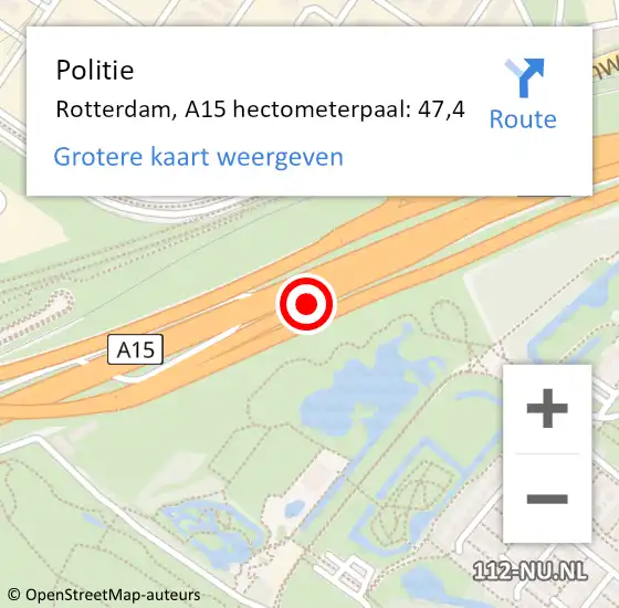 Locatie op kaart van de 112 melding: Politie Rotterdam, A15 hectometerpaal: 47,4 op 1 september 2023 05:55