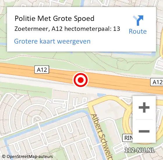 Locatie op kaart van de 112 melding: Politie Met Grote Spoed Naar Zoetermeer, A12 hectometerpaal: 13 op 1 september 2023 08:46