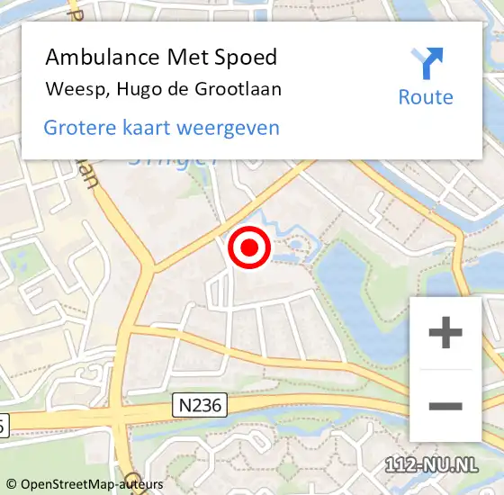 Locatie op kaart van de 112 melding: Ambulance Met Spoed Naar Weesp, Hugo de Grootlaan op 1 september 2023 09:03