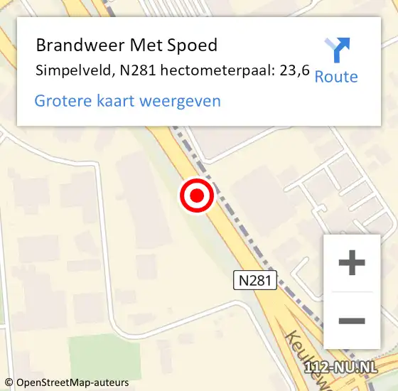 Locatie op kaart van de 112 melding: Brandweer Met Spoed Naar Simpelveld, N281 hectometerpaal: 23,6 op 1 september 2023 11:33