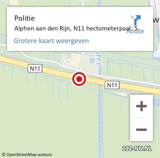 Locatie op kaart van de 112 melding: Politie Alphen aan den Rijn, N11 hectometerpaal: 5 op 1 september 2023 12:26