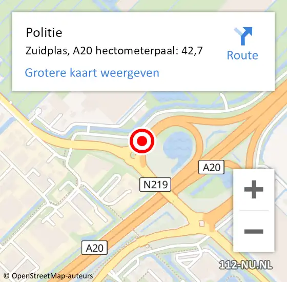 Locatie op kaart van de 112 melding: Politie Zuidplas, A20 hectometerpaal: 42,7 op 1 september 2023 13:46