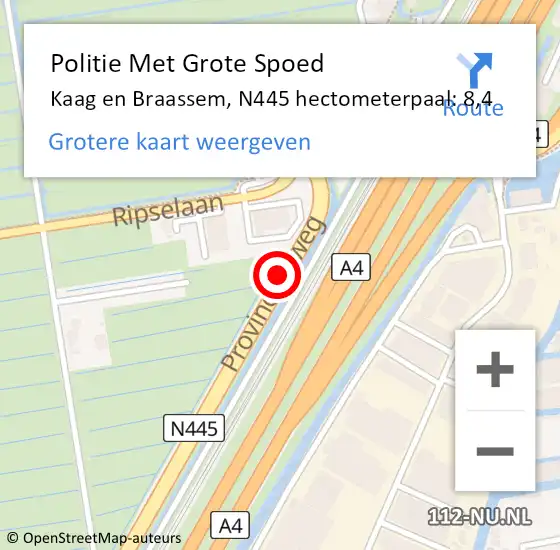 Locatie op kaart van de 112 melding: Politie Met Grote Spoed Naar Kaag en Braassem, N445 hectometerpaal: 8,4 op 1 september 2023 13:50