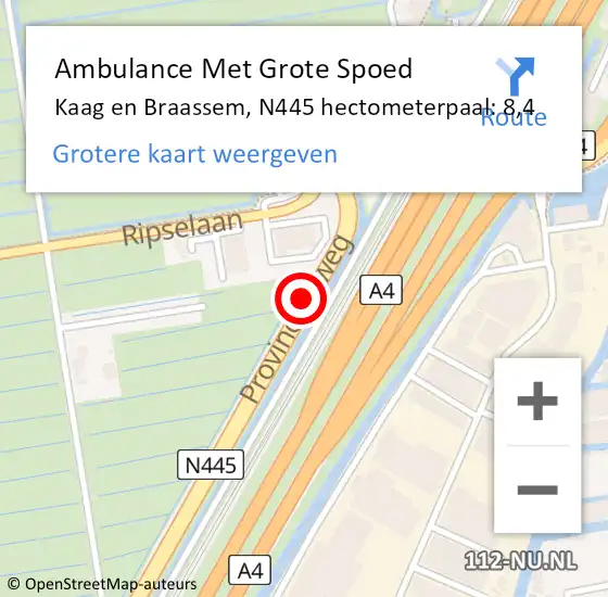 Locatie op kaart van de 112 melding: Ambulance Met Grote Spoed Naar Kaag en Braassem, N445 hectometerpaal: 8,4 op 1 september 2023 13:51