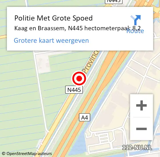 Locatie op kaart van de 112 melding: Politie Met Grote Spoed Naar Kaag en Braassem, N445 hectometerpaal: 8,2 op 1 september 2023 13:53