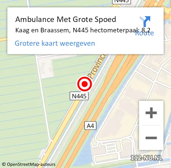 Locatie op kaart van de 112 melding: Ambulance Met Grote Spoed Naar Kaag en Braassem, N445 hectometerpaal: 8,2 op 1 september 2023 14:04
