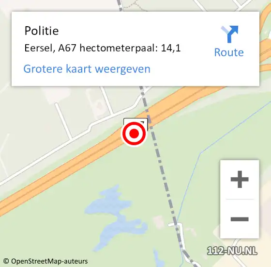 Locatie op kaart van de 112 melding: Politie Eersel, A67 hectometerpaal: 14,1 op 1 september 2023 14:43