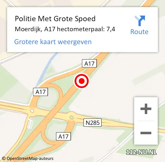 Locatie op kaart van de 112 melding: Politie Met Grote Spoed Naar Moerdijk, A17 hectometerpaal: 7,4 op 1 september 2023 16:17