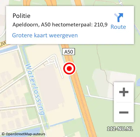 Locatie op kaart van de 112 melding: Politie Apeldoorn, A50 hectometerpaal: 210,9 op 1 september 2023 16:35