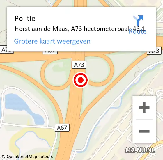 Locatie op kaart van de 112 melding: Politie Horst aan de Maas, A73 hectometerpaal: 46,1 op 1 september 2023 17:28