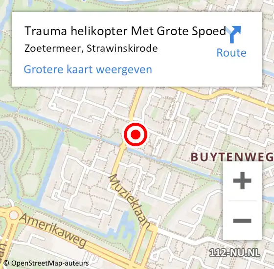 Locatie op kaart van de 112 melding: Trauma helikopter Met Grote Spoed Naar Zoetermeer, Strawinskirode op 1 september 2023 17:44