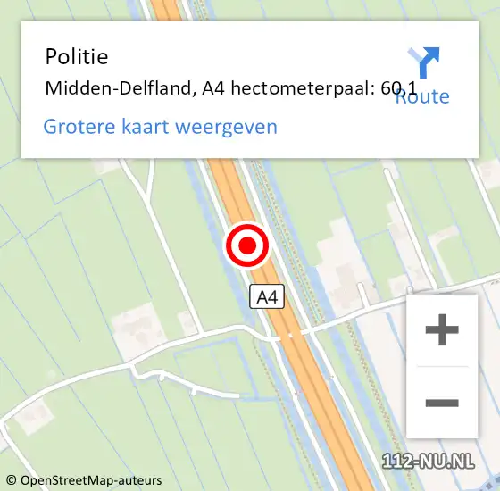 Locatie op kaart van de 112 melding: Politie Midden-Delfland, A4 hectometerpaal: 60,1 op 1 september 2023 18:17
