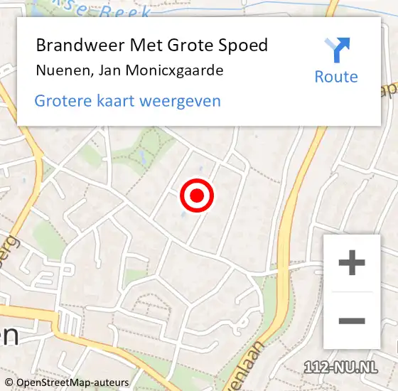 Locatie op kaart van de 112 melding: Brandweer Met Grote Spoed Naar Nuenen, Jan Monicxgaarde op 1 september 2023 18:53