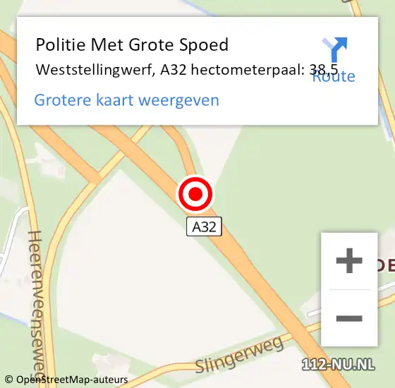 Locatie op kaart van de 112 melding: Politie Met Grote Spoed Naar Weststellingwerf, A32 hectometerpaal: 38,5 op 1 september 2023 19:29
