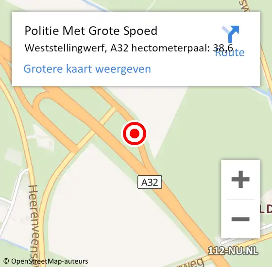 Locatie op kaart van de 112 melding: Politie Met Grote Spoed Naar Weststellingwerf, A32 hectometerpaal: 38,6 op 1 september 2023 19:29