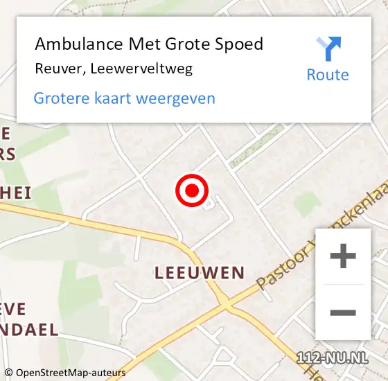 Locatie op kaart van de 112 melding: Ambulance Met Grote Spoed Naar Reuver, Leewerveltweg op 1 september 2023 19:32