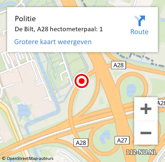 Locatie op kaart van de 112 melding: Politie De Bilt, A28 hectometerpaal: 1 op 1 september 2023 21:37