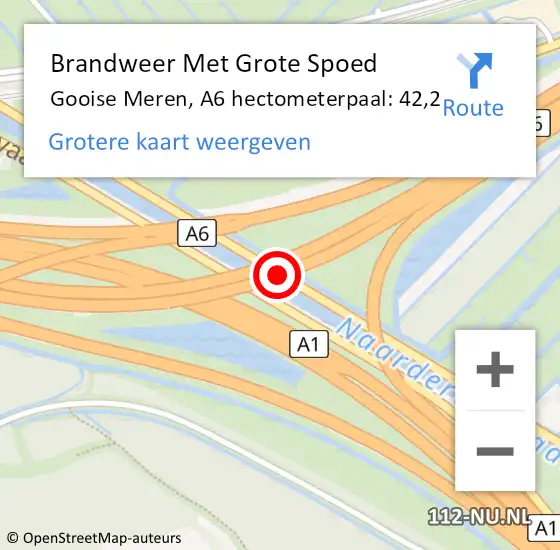 Locatie op kaart van de 112 melding: Brandweer Met Grote Spoed Naar Gooise Meren, A6 hectometerpaal: 42,2 op 1 september 2023 22:12