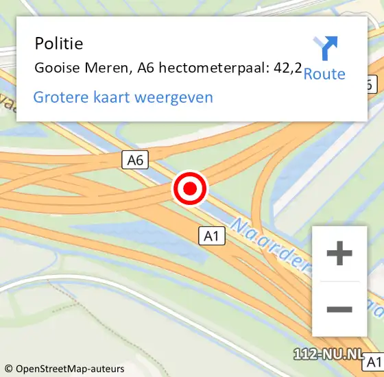Locatie op kaart van de 112 melding: Politie Gooise Meren, A6 hectometerpaal: 42,2 op 1 september 2023 22:12