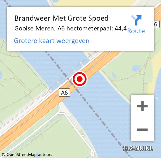 Locatie op kaart van de 112 melding: Brandweer Met Grote Spoed Naar Gooise Meren, A6 hectometerpaal: 44,4 op 1 september 2023 22:23