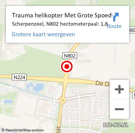 Locatie op kaart van de 112 melding: Trauma helikopter Met Grote Spoed Naar Scherpenzeel, N802 hectometerpaal: 1,8 op 2 september 2023 01:17