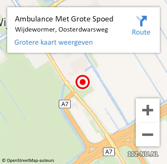 Locatie op kaart van de 112 melding: Ambulance Met Grote Spoed Naar Wijdewormer, Oosterdwarsweg op 2 september 2023 01:44