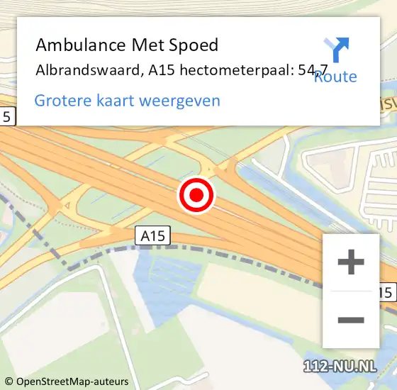 Locatie op kaart van de 112 melding: Ambulance Met Spoed Naar Albrandswaard, A15 hectometerpaal: 54,7 op 2 september 2023 01:50