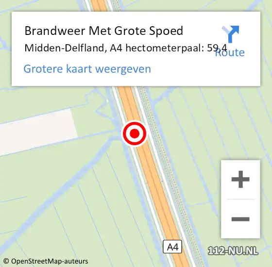 Locatie op kaart van de 112 melding: Brandweer Met Grote Spoed Naar Midden-Delfland, A4 hectometerpaal: 59,4 op 2 september 2023 02:36