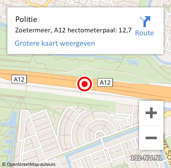 Locatie op kaart van de 112 melding: Politie Zoetermeer, A12 hectometerpaal: 12,7 op 2 september 2023 02:46