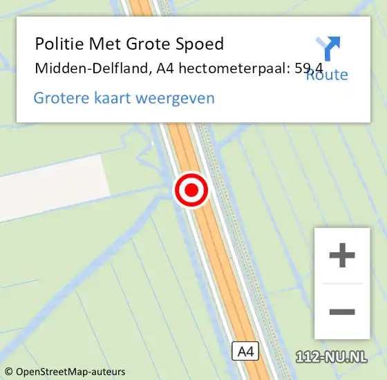 Locatie op kaart van de 112 melding: Politie Met Grote Spoed Naar Midden-Delfland, A4 hectometerpaal: 59,4 op 2 september 2023 02:47