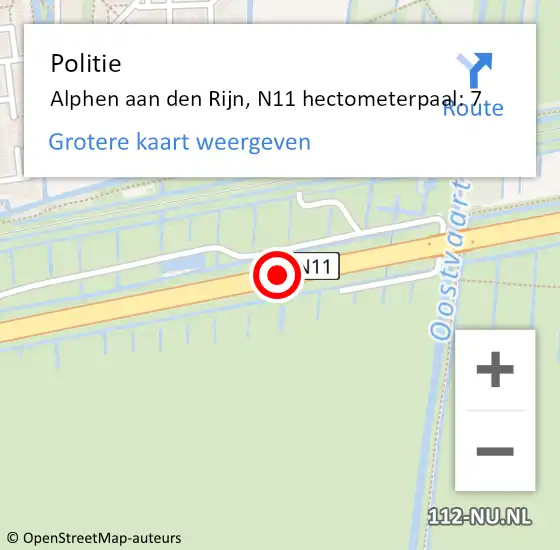 Locatie op kaart van de 112 melding: Politie Alphen aan den Rijn, N11 hectometerpaal: 7 op 2 september 2023 05:04