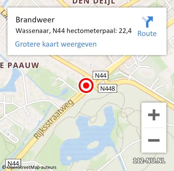 Locatie op kaart van de 112 melding: Brandweer Wassenaar, N44 hectometerpaal: 22,4 op 2 september 2023 05:45