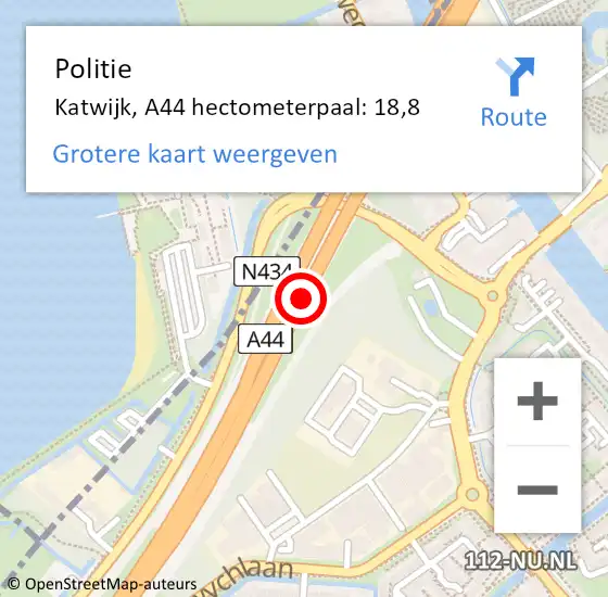 Locatie op kaart van de 112 melding: Politie Katwijk, A44 hectometerpaal: 18,8 op 2 september 2023 08:26