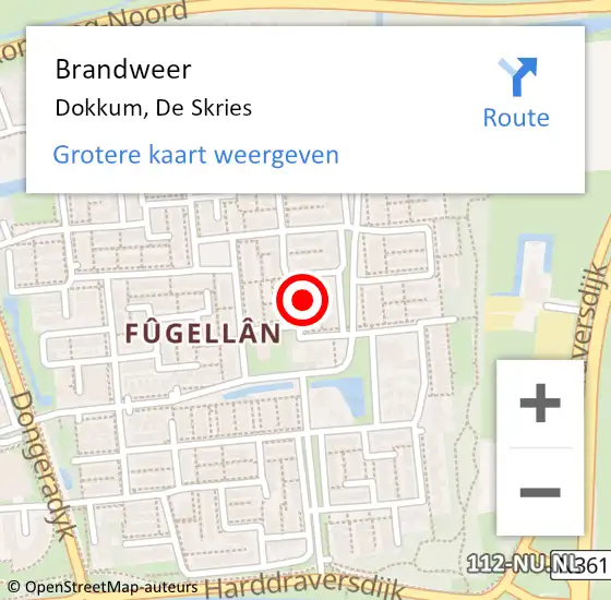 Locatie op kaart van de 112 melding: Brandweer Dokkum, De Skries op 2 september 2023 08:34